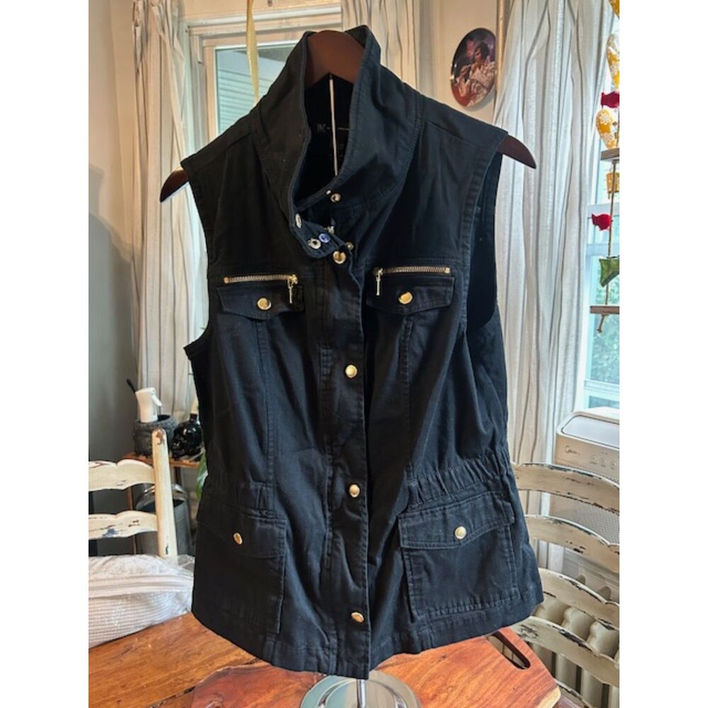 INC International Concepts Black Utility Vest Gold Hardware Medium